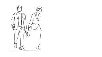 Self drawing animation of single line young happy male sales managers walking together and discussing new selling strategy. Urban commuter workers concept. Continuous line draw. Full length animated video