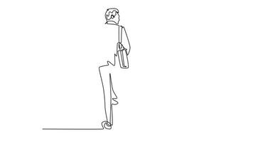 Animated self drawing of continuous line draw back view of young happy business men talking to his colleagues when walking approaching new office. Business conversation. Full length one line animation video