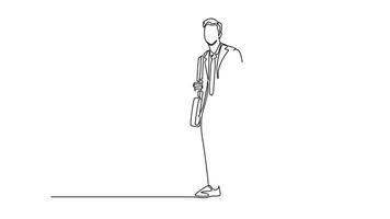 Animated self drawing of continuous line draw of two young success company manager take a walking and talking together after office hour. Business conversation concept. Full length one line animation video
