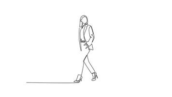 Animated self drawing of continuous line draw young couple male and female employees discussing new strategy plan to write annual report. Urban commuter workers concept. Full length one line animation video
