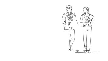 Self drawing animation of single line draw young male and female workers walking together neatly in row in city street go to office. Urban commuter workers. Continuous line draw. Full length animated video