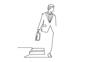 Animated self drawing of continuous line draw of two young success company business men take walk and talk together after company meeting. Business conversation concept. Full length one line animation video