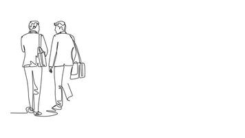Self drawing animation of back view male and female startup CEO walking together to workshop room to present their proposal. Urban commuter workers concept. Continuous line draw. Full length animated video
