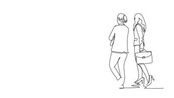 Animated self drawing of continuous line draw back view of group urban male and female commuters walking every day on city road go to office. Urban commuter workers. Full length single line animation video