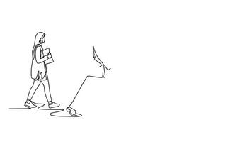 Self drawing animation of single line draw of group urban commuters walking pass over and over again on city street go to the office. Urban commuter workers. Continuous line draw. Full length animated video