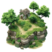 A hilly isometric game map featuring a dilapidated house at the center, surrounded by lush greenery and uneven terrain isolated on a transparent background png