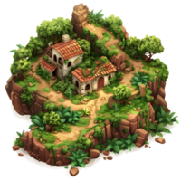 A hilly isometric game map featuring a dilapidated house at the center, surrounded by lush greenery and uneven terrain isolated on a transparent background png