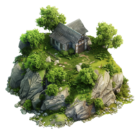 A hilly isometric game map featuring a dilapidated house at the center, surrounded by lush greenery and uneven terrain isolated on a transparent background png
