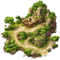 A hilly isometric game map featuring a dilapidated house at the center, surrounded by lush greenery and uneven terrain isolated on a transparent background png