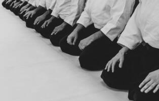 People practicing aikido in a dojo background. photo
