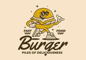 Burger, pile of deliciousness. Retro mascot character illustration of burger in running pose vector