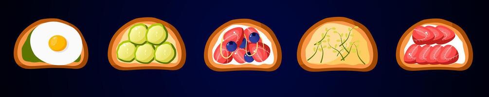 Set of toast. Blueberry, strawberry, egg, avocado toast with black background vector