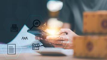 Marketer showing SEO concept ,optimization analysis tools , search engine rankings , social media sites based on results analysis data ,Website Search Optimization ,online marketing strategy photo