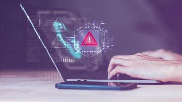 Programmer and virtual icons , exclamation mark ,alarm,computer virus detected ,danger warning concept or information error that should be urgently fixed and repaired ,Notification of security issues photo