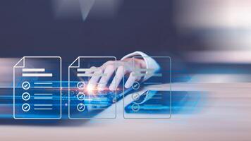 Businessman showing online document validation icon, Concepts of practices and policies, company articles of association Terms and Conditions, regulations and legal advice, corporate policy photo
