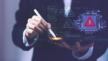 Programmer and virtual icons , exclamation mark ,alarm,computer virus detected ,danger warning concept or information error that should be urgently fixed and repaired ,Notification of security issues photo