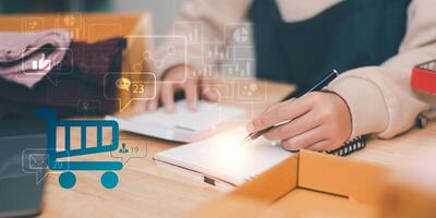 Startup or small business entrepreneur,Check sales and check business growth reports,order management in online stores,shopping on the internet,Selling online on Internet,SME,shipping boxes,e-commerce photo