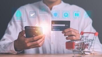 Payment via application and ordering products online , Data protection concept and secure internet security access ,cyber security technology ,Login to online database with your username and password photo