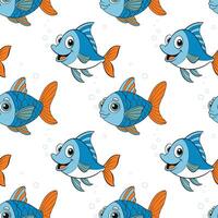 Fish pattern in blue and orange with bubbles on white background. vector