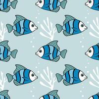 Sea bottom pattern with blue fish and algae on pastel blue background, seamless marine pattern. vector