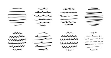 Set of round abstract black Backgrounds or Patterns. Hand drawn circle doodle shapes. Spots, drops, curves, Lines. Contemporary modern trendy vector