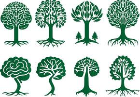 A set of green tree designs with roots forming the shape of a brain vector