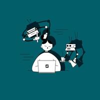 isolated one busy girl with laptop, two robots serve her on green background vector
