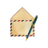 World Post Day. Airmail envelope and ballpoint pen with gold details, hand painted in watercolor. Suitable for printing on fabric, cards, design, scrapbooking. Watercolor illustration vector