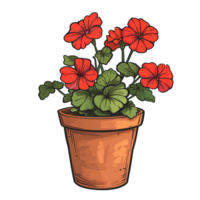 A vibrant red geranium plant in a simple clay pot, isolated on a transparent background png