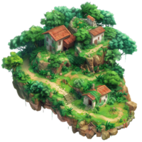 A hilly isometric game map featuring a dilapidated house at the center, surrounded by lush greenery and uneven terrain isolated on a transparent background png