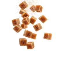 A flying brown sugar cubes, perfectly captured in mid-air, isolated on a transparent background png