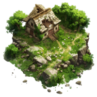 A hilly isometric game map featuring a dilapidated house at the center, surrounded by lush greenery and uneven terrain isolated on a transparent background png