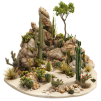 A barren African desert scene featuring tumbleweeds, various cactuses, and rocky outcrops isolated on a transparent background png
