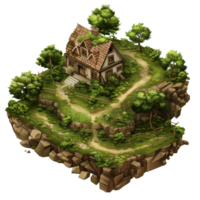 A hilly isometric game map featuring a dilapidated house at the center, surrounded by lush greenery and uneven terrain isolated on a transparent background png