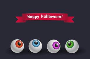 Happy Halloween Postcard with different scary 3d eyeballs and text on red ribbon vector