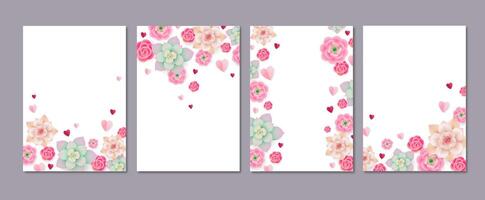 Set of floral backgrounds for poster, greeting card and more. Beautiful flowers and paper hearts on white background illustration vector