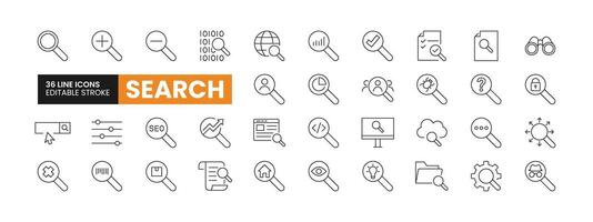 Set of 36 Search line icons set. Search outline icons with editable stroke collection. Includes Searching, Analysis, Research, Audit, Optimization, and More. vector