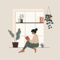 illustration of a person reading a book by a window vector