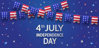 Independence Day banner design with American flags and confetti on blue background. 4th July United States holiday vector