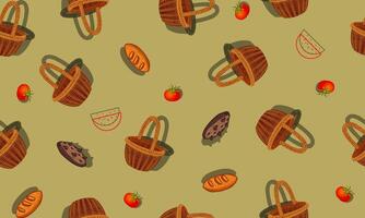 Seamless pattern with straw wicker baskets and food. vector