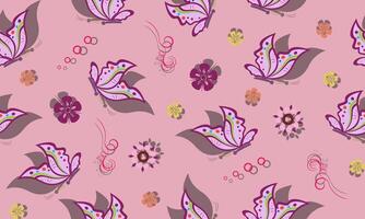 Seamless pattern with daisy flower and butterfly cartoons on pink background. vector