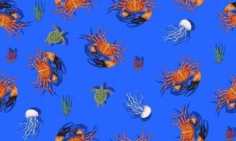 Seamless pattern with sea animals crab on blue background. vector