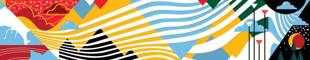 Artistic funky design for print products. Bright and high contrast background for poster, card, flyer, brochure and web design. Pop art, memphis and 80s style waves vector