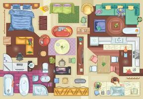 Floor plan icons set for design interior view from above. Furniture colored icon in top view for layout. vector