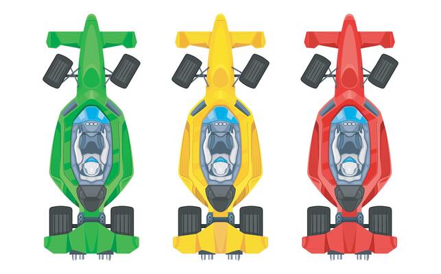 Set of colorful fast motor racing cars, formula 1, bolides sport racing car flat icons isolated on white background. Speed motor drive. View from above