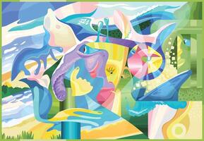 Abstract mural painting in cubism style. Graphic design poster with abstract form elephant, persons and eye. Modern art. Graffiti print vector