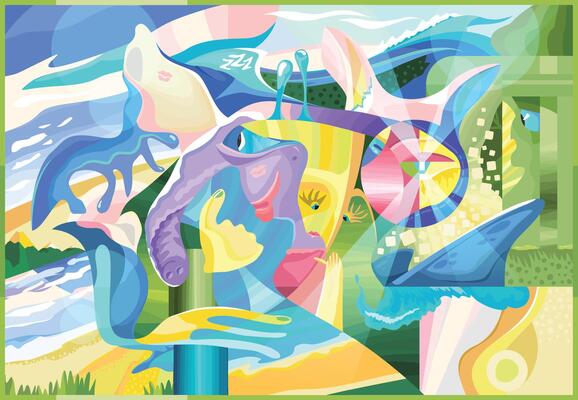 Abstract mural painting in cubism style. Graphic design poster with abstract form elephant, persons and eye. Modern art. Graffiti print