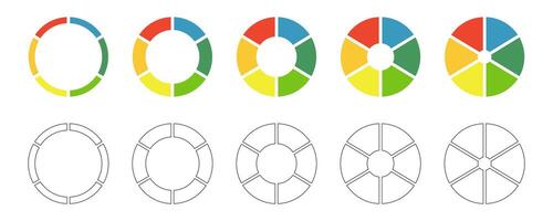 Donut charts set. Pies segmented on 6 equal parts. Wheels divided in six sections. Diagrams infographic multicolored collection. Circle section graph. Coaching blank. Pie chart round icon. Loading bar vector