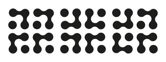 Set of Metaball dot icons. Connected circle shape sign. Abstract integration symbol. Simple patterns. Point movement. Morphing blobs. Metaballs transition. Logo, sticker template. Web design elements. vector