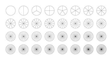 Pie, pizza charts template set. Segmented charts from 1 to 32 collection. Many number of sectors divide the circle on equal parts. Outline black graphics. Segments infographic. Diagram wheels. vector